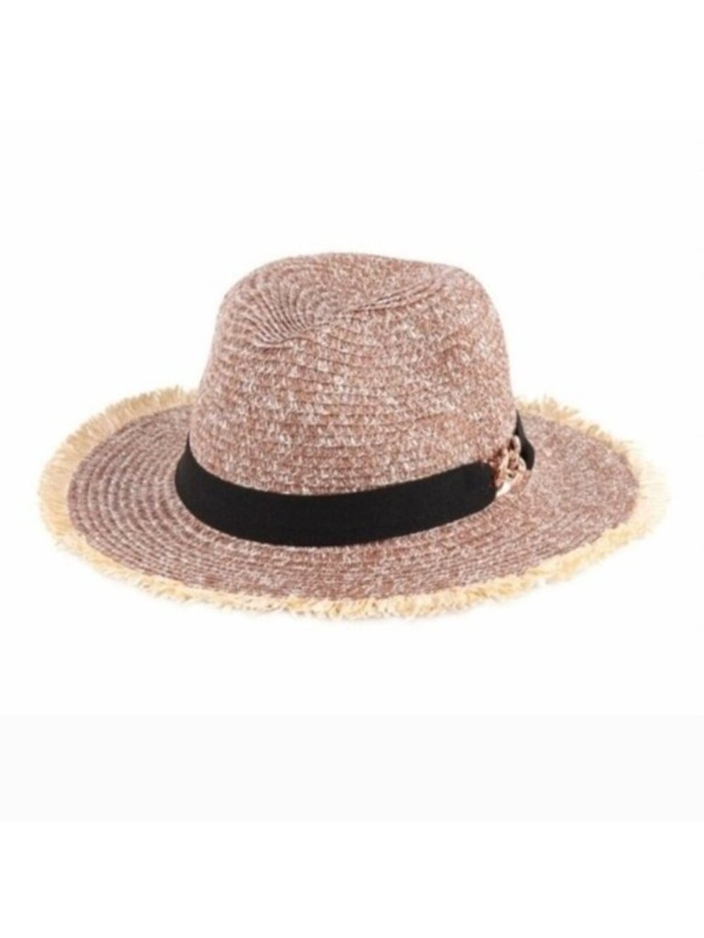 Brown Woven Straw Fedora With Frayed Brim & Black Ribbon Band-NEW